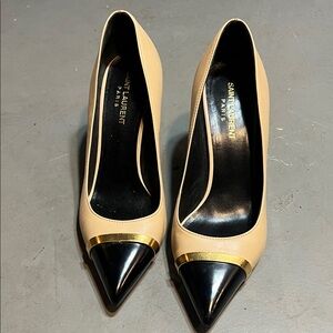 Saint Laurent Black and Cream Heels with Gold Accent